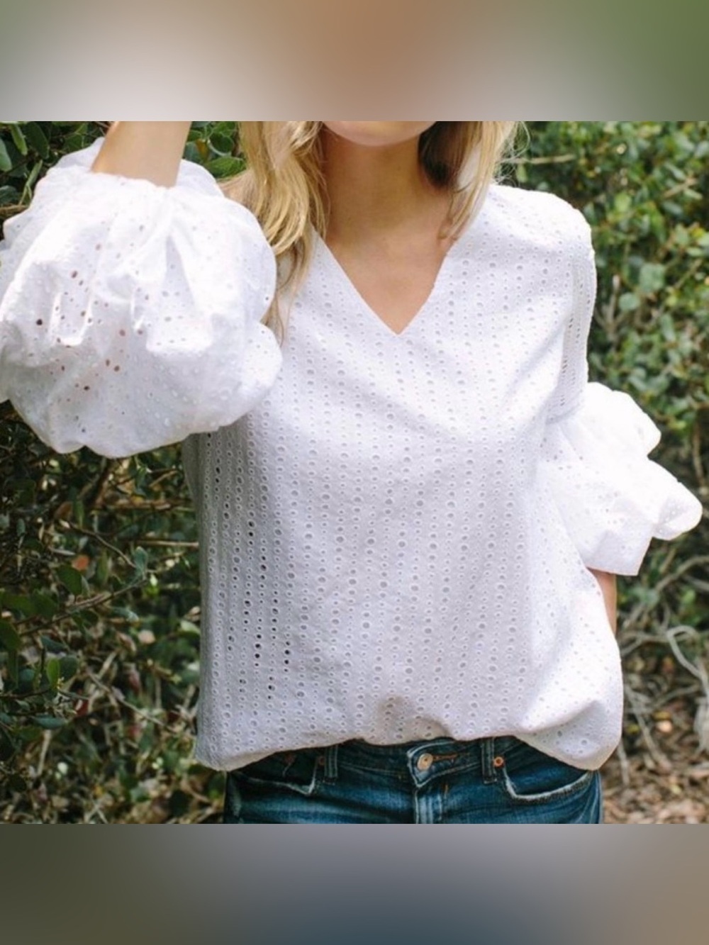 Noble 31 White Eyelet Bishop Sleeve V-Neck Blouse.  Sz M